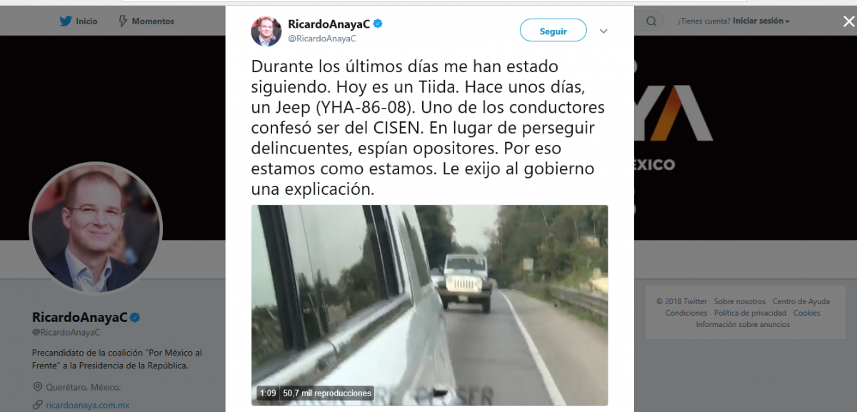 Ricardo Anaya denuncia ser perseguido por el CISEN