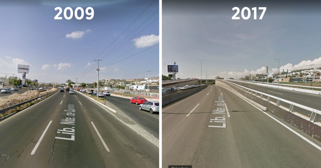 Rampa de acceso al Anillo Vial Junípero Serra desde Bernardo Quintana. Imágenes Google Maps.