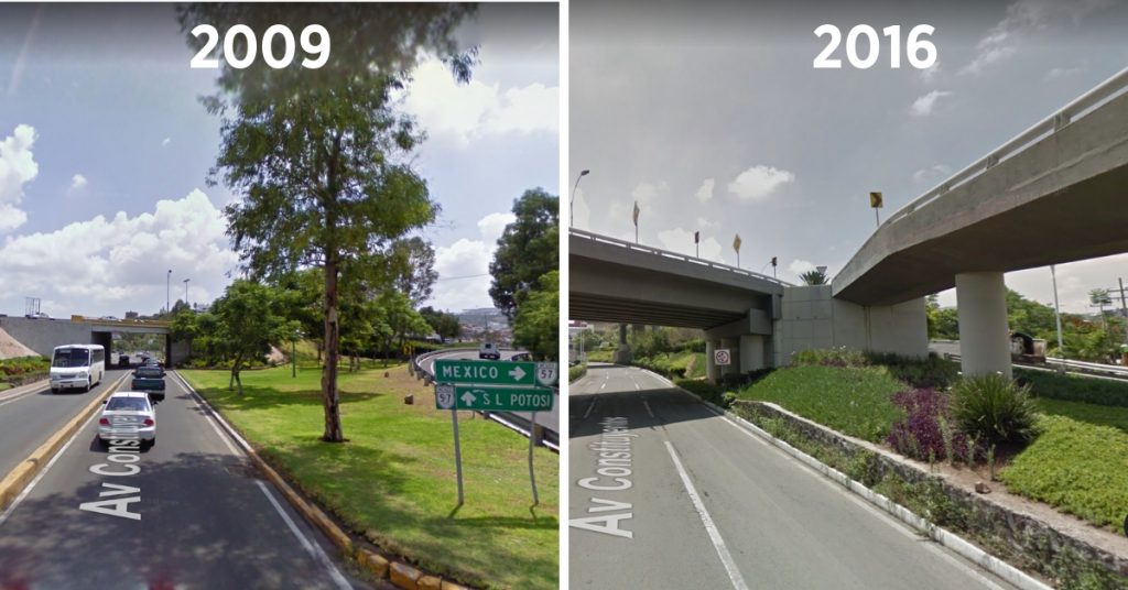 Aspecto de Constituyentes Oriente, en la intersección con Bernardo Quintana. Imágenes Google Maps.