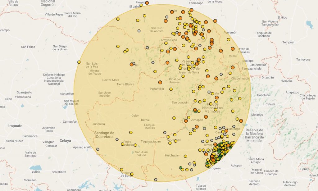 Sismos registrados en un radio de 100 kiómetros del estado de Querétaro. Foto: SSN.