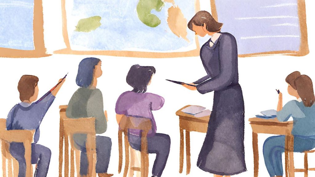 Ilustración de salón de clases hecha con inteligencia artifical de Canva.