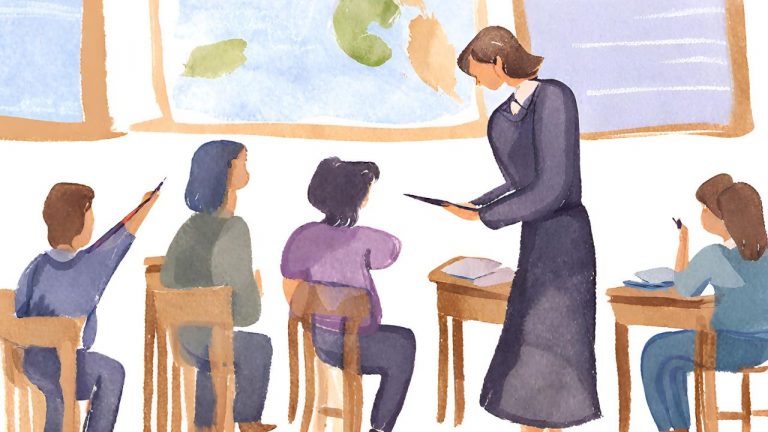 Ilustración de salón de clases hecha con inteligencia artifical de Canva.