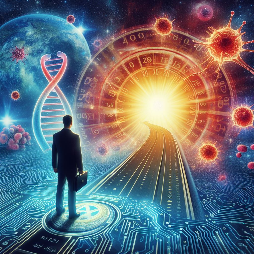 Ilustración de un hombre de negocios en un entorno futurista con ADN y virus flotantes