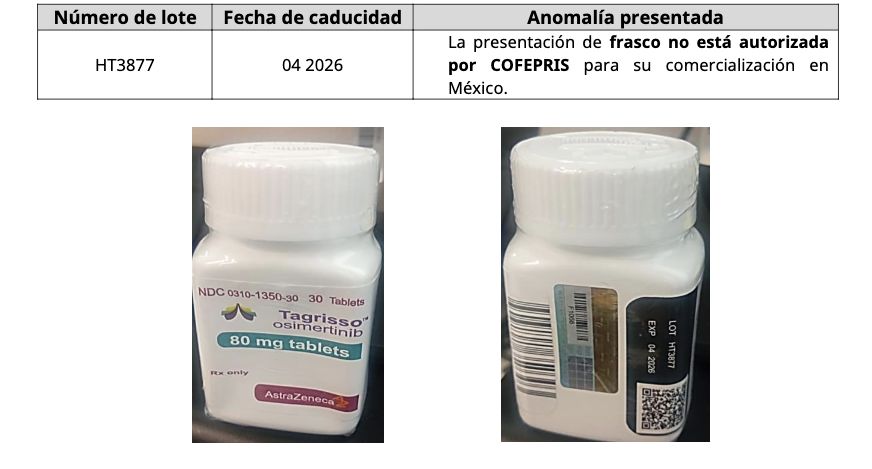 Cofepris alerta por falsificación del producto Tagrisso